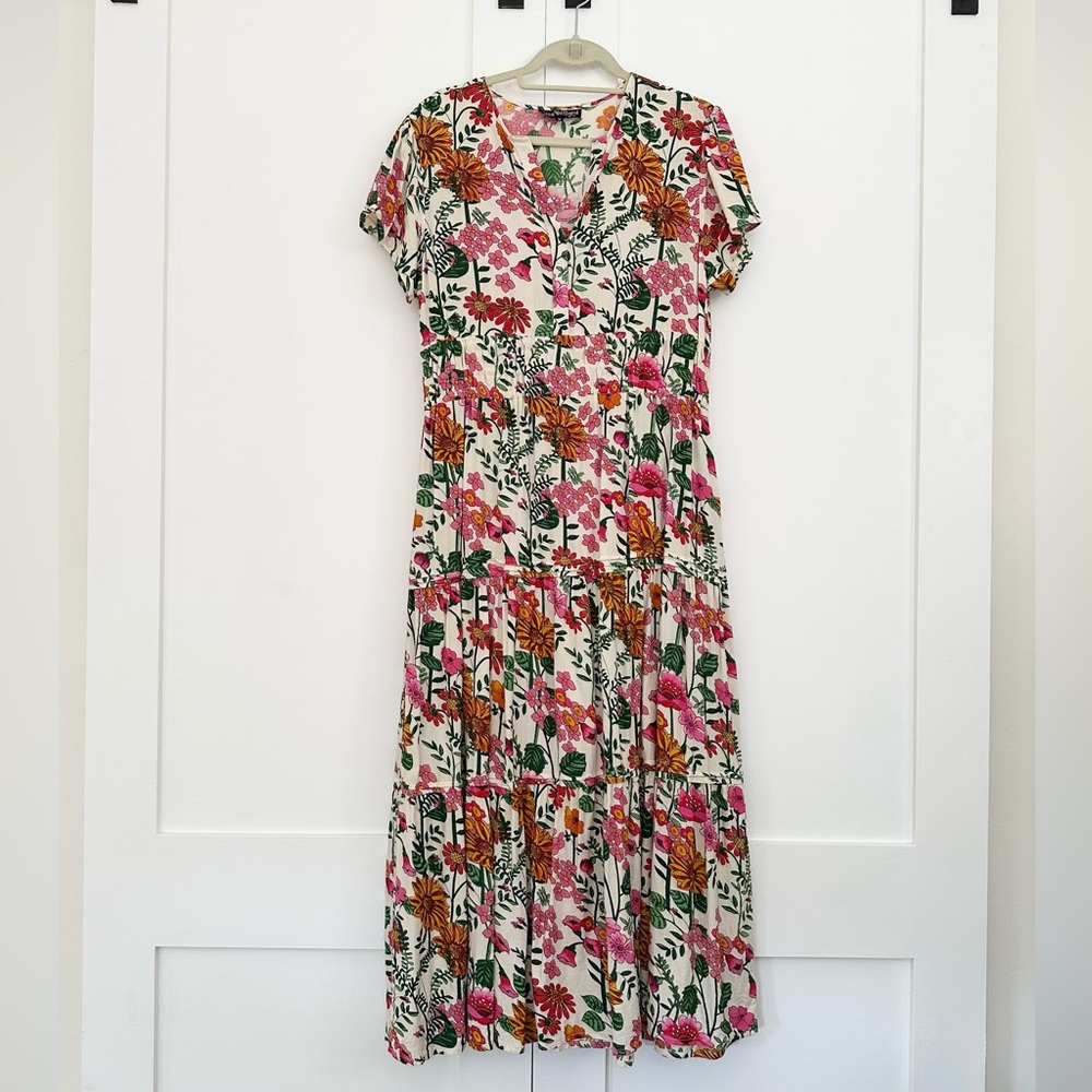 Liza Byrd Floral Midi Dress in Pink and Orange